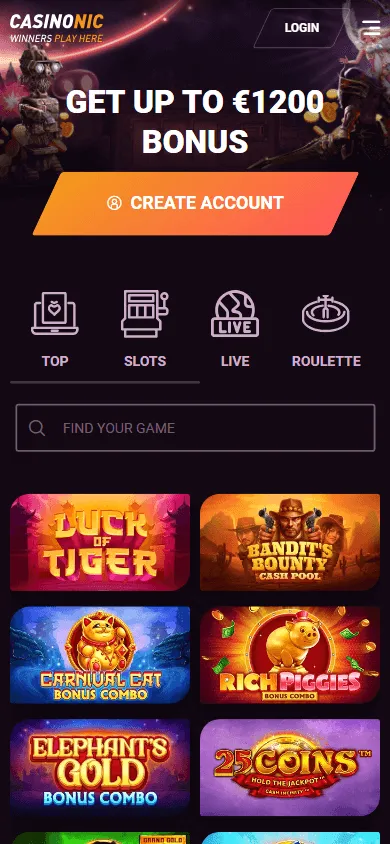 Casinonic Casino home screen on a mobile device