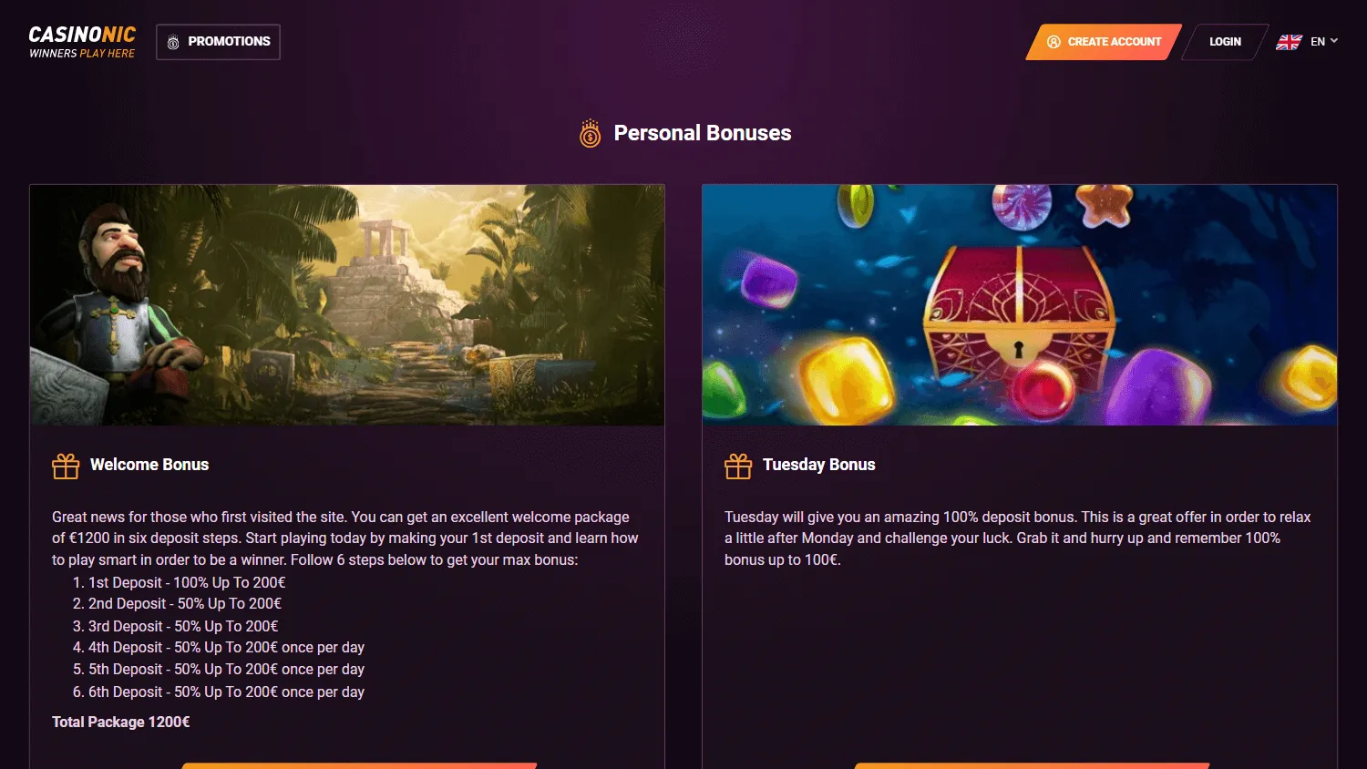 Casinonic Casino promotions screen on desktop